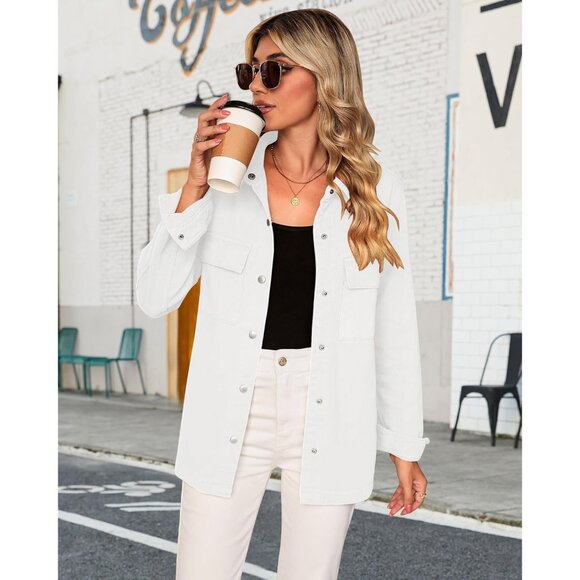 Women's Cotton Denim Jacket Oversized Button-Front Pockets Casual Fall - Picture 6 of 8